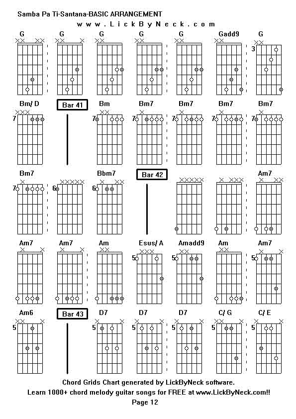 Chord Grids Chart of chord melody fingerstyle guitar song-Samba Pa Ti-Santana-BASIC ARRANGEMENT,generated by LickByNeck software.